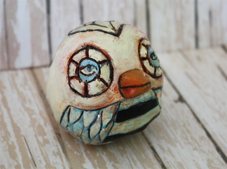 folk art owl clay sculpture -  primitive style with antique finish , home decor