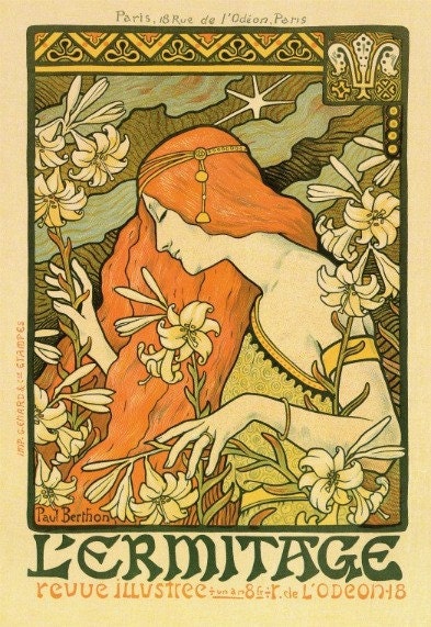 Fine Art Print- ART NOUVEAU Poster Print of Beautiful Lady with long reddish hair, L'ermitage- in 13 Treasury Lists