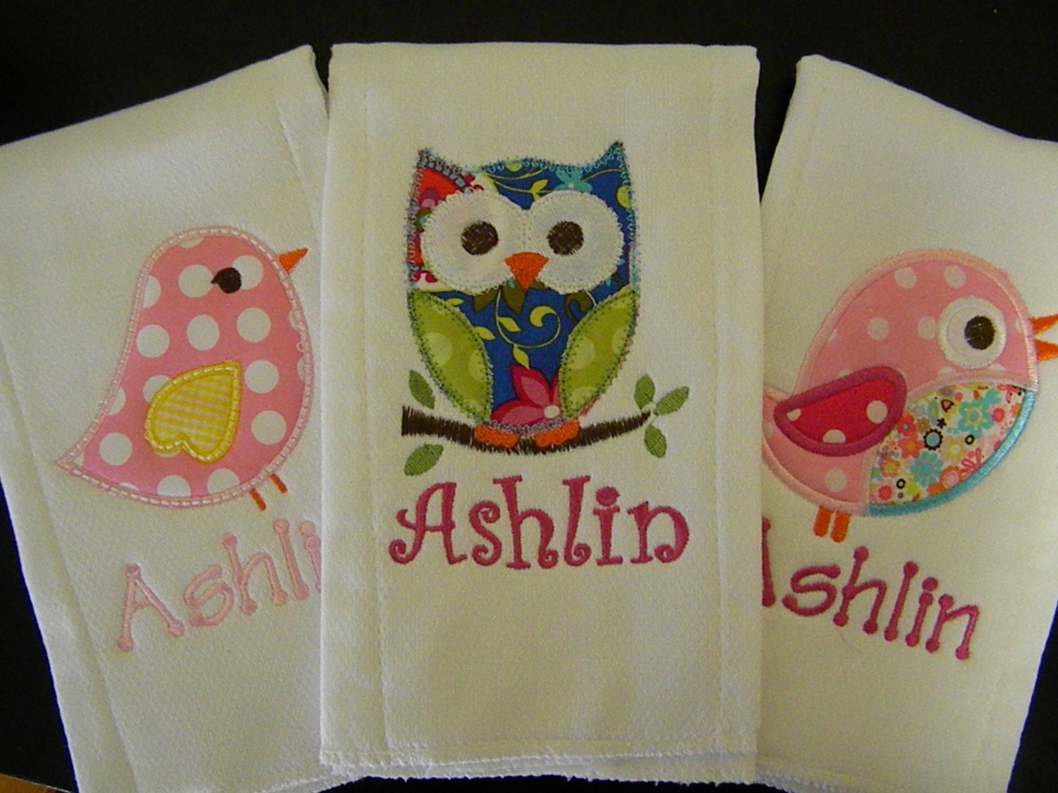 Boutique Custom BIRDS OWL Burp Cloth SET Personalized Baby Girl 3 Gift