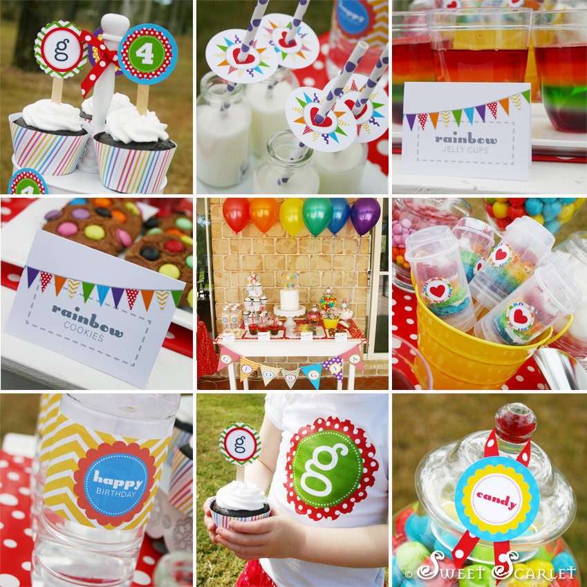 RAINBOW Birthday Party Printable Set - Rainbow Invitation, Cupcake Toppers, Bunting, Favor Tags & more