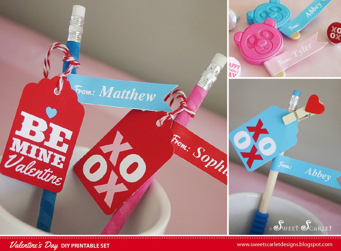 VALENTINES Printable Favor Tags, Favor Cards & Editable Straw Flags Il_570xn