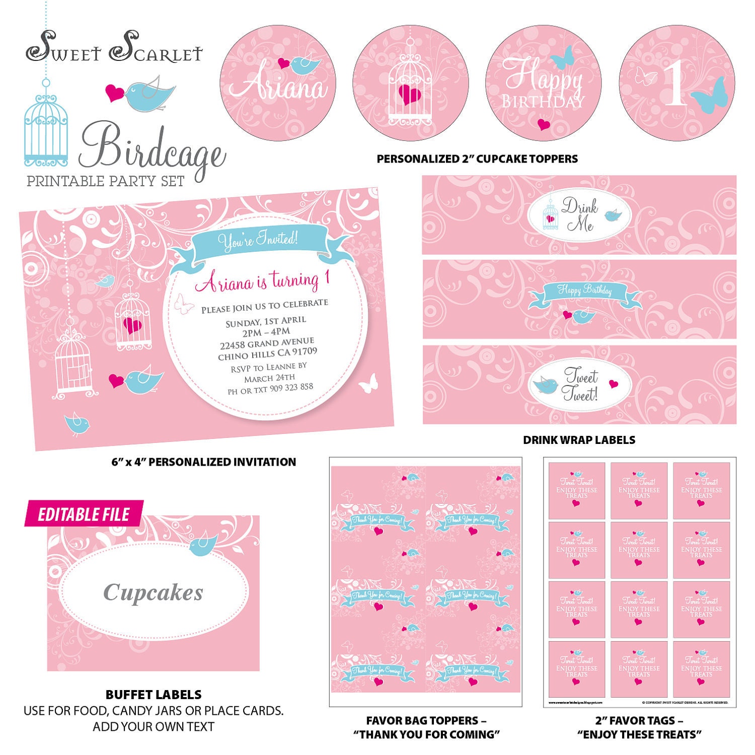 BIRD and Butterfly Birthday Printable Set - Bird Birthday Invitation, Cupcake Toppers, Favor Tags, Candy Wrappers, Bunting and more