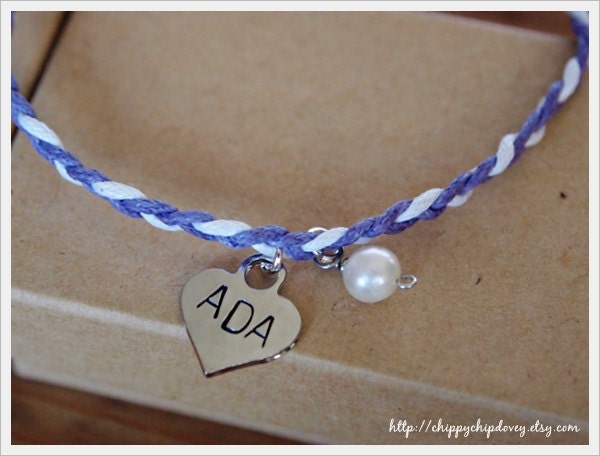 Friendship - Handstamped Letters on Heart Charm Braided Bracelet with Freshwater Pearl