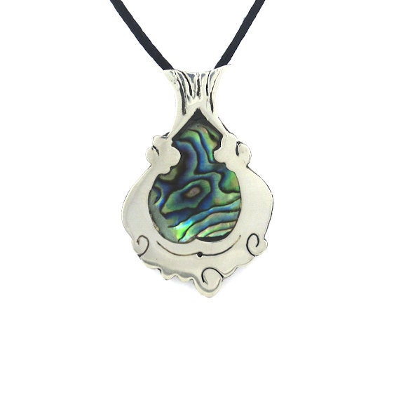 Abalone Sea Shell Necklace - Turkish Ornament Design - Handmade- Sterling Silver - Green - Ready to ship - serpilguneysudesigns