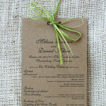 Long Wedding Program, Recycled Paper, Elegant, Modern, Vintage Inspired, Ribbon: SAMPLE