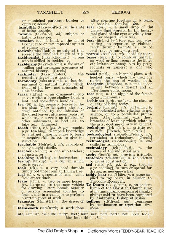 TEA TEACHER TEDDYBEAR Digital Scan Vintage Antique Printable Dictionary Page for Cardmaking Altered Art Mixed Media