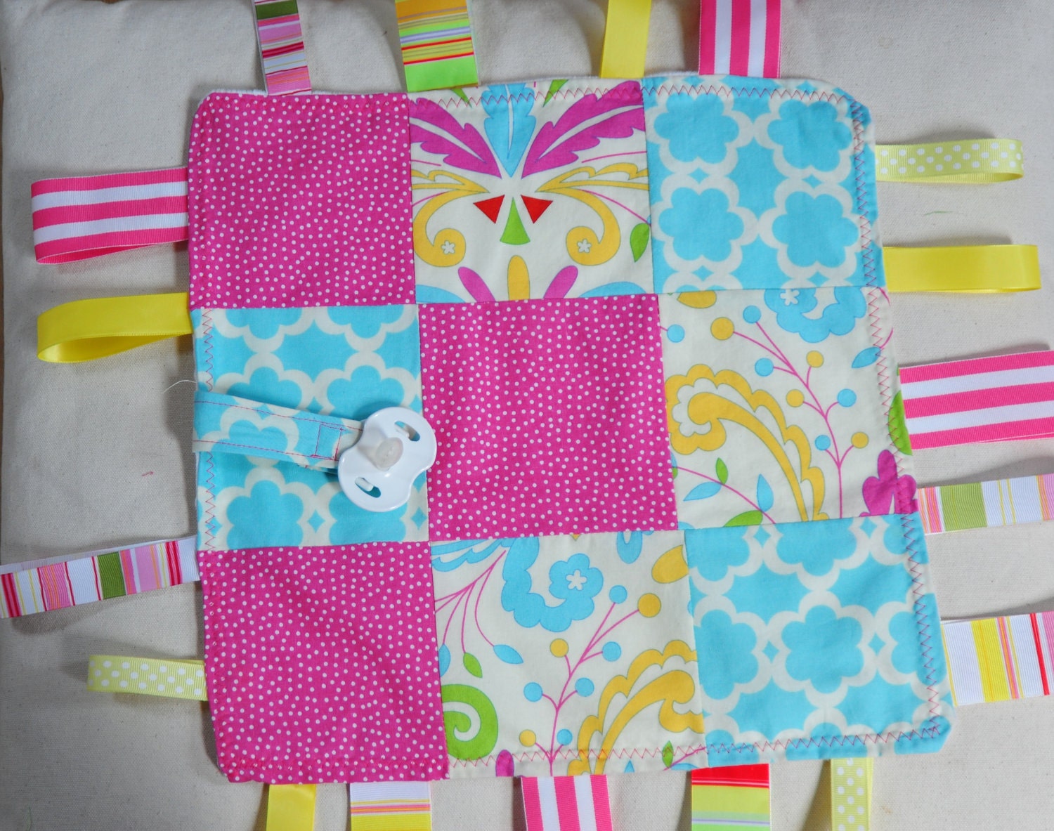 ON SALE - Baby Snuggly, Taggie, Blanky in Mini Pink Polka Dot and Blue