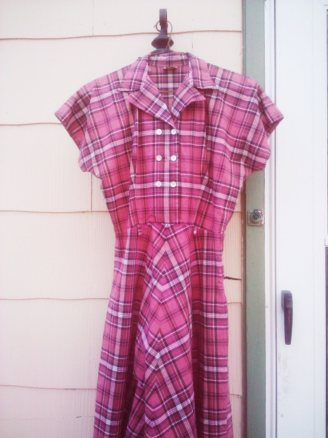 Vintage 1940s  Dress/ Dusty Pink Plaid / PLUS SIZE