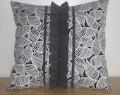 Black and White Modern Decorative Throw Pillow Cover 18"x18" with White Leaves, Folds and Ruffles