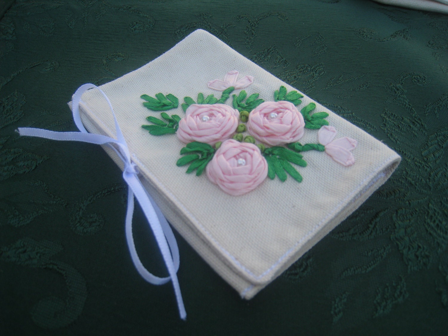 Whimsical Gift Card Pouches 3.25"x4.75", Ribbon Embroidery on Muslin, Light Pink Ribbon Roses with Pearls in Center