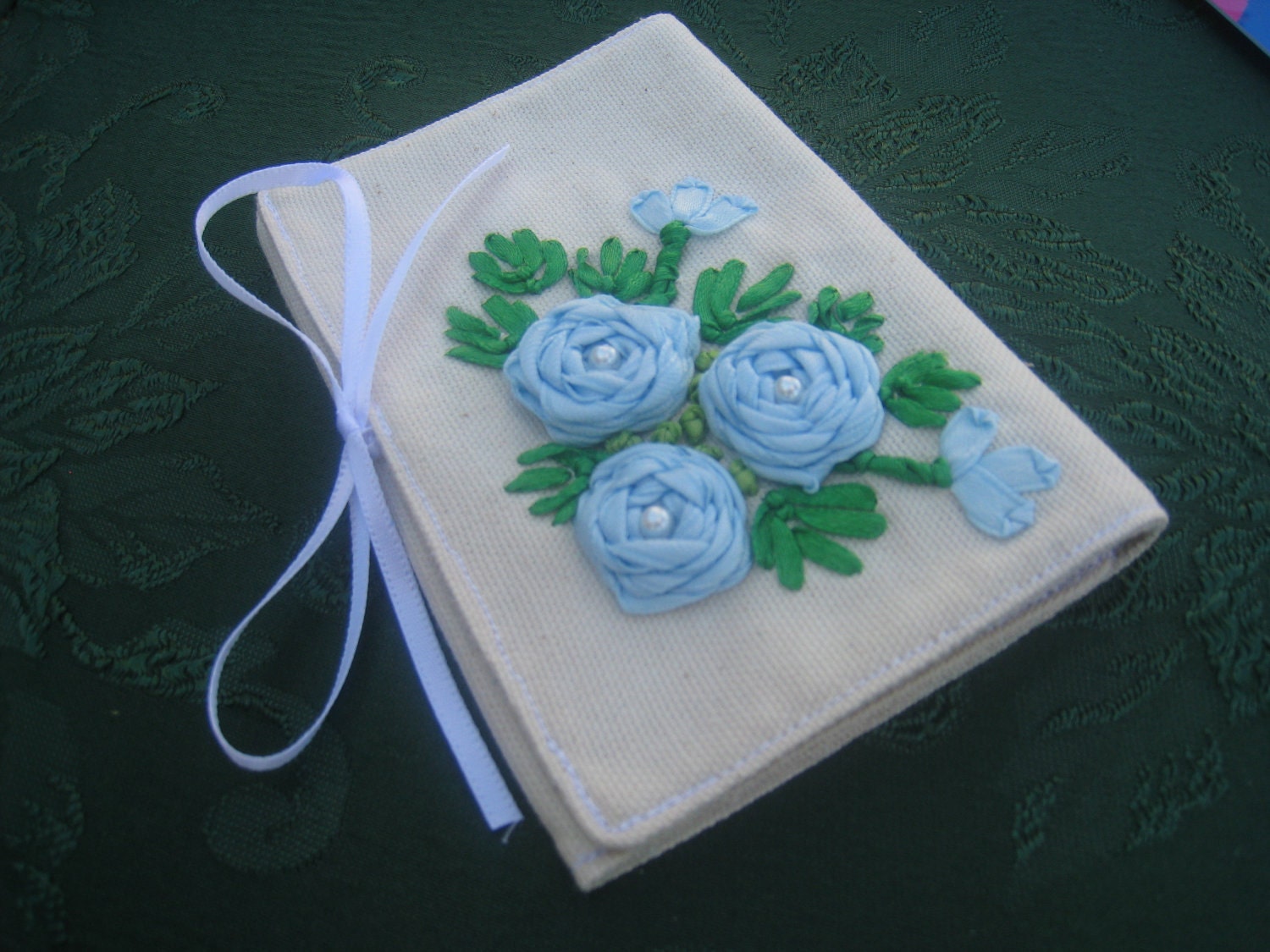 Whimsical Gift Card Pouches 3.25"x4.75", Ribbon Embroidery on Muslin, Light Blue Ribbon Roses with Pearls in Center