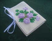 Whimsical Gift Card Pouches 3.25"x4.75", Ribbon Embroidery on Muslin, Lilac Ribbon Roses with Pearls in Center