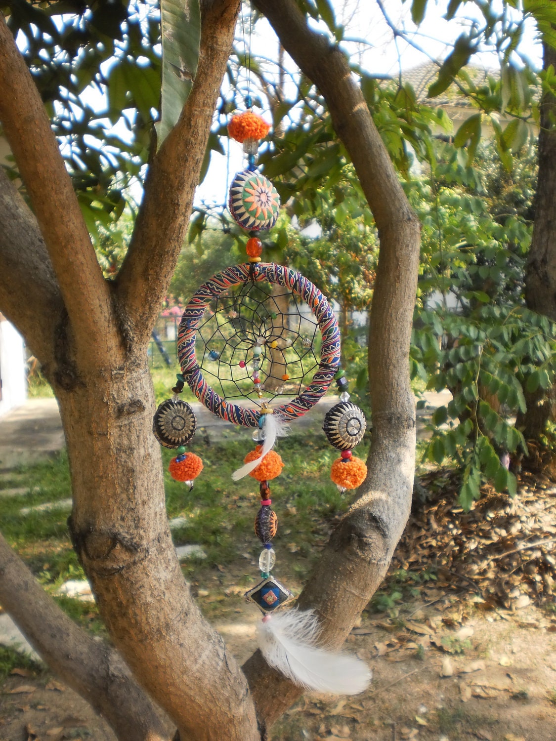 Dream Catcher Handmade with Tribal Hmong Textiles, Beads, Bells, Feathers, Wax Linen and Magic