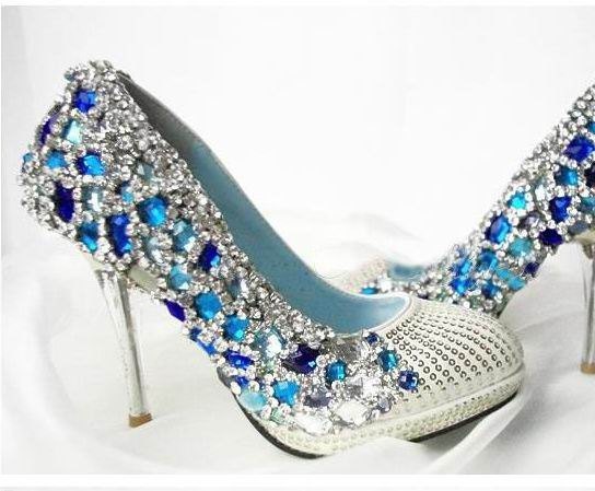 Make to order hand sew princess crystal shoes wedding shoes blue