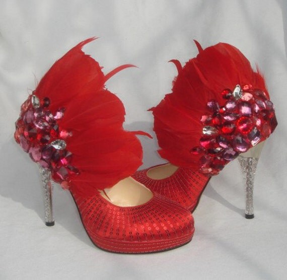 Hand sewing princess crystal shoes wedding shoes high heel with feather red