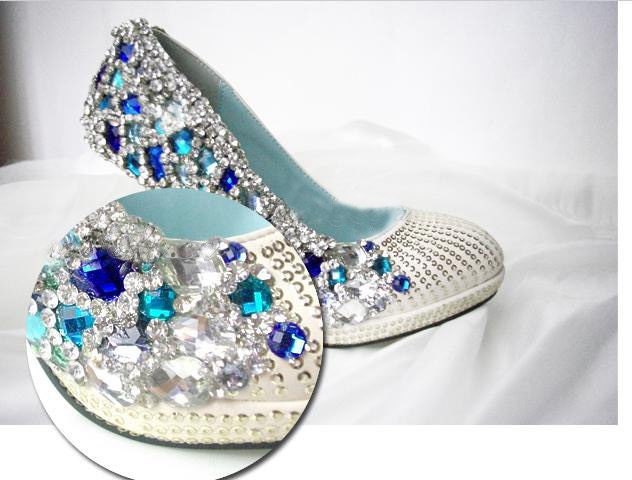 Make to order hand sew princess crystal shoes wedding shoes blue