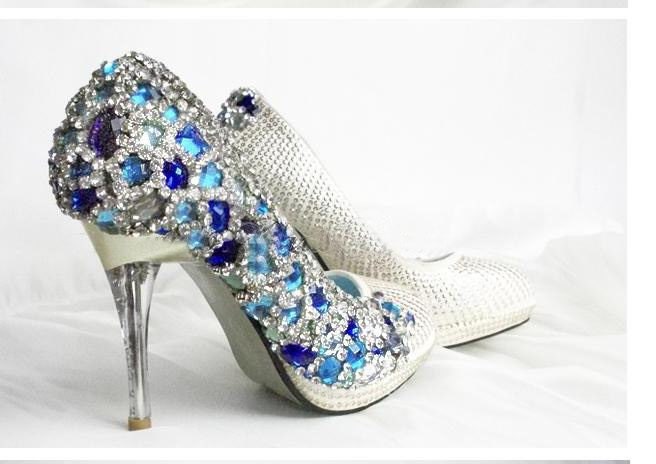 Make to order hand sew princess crystal shoes wedding shoes blue