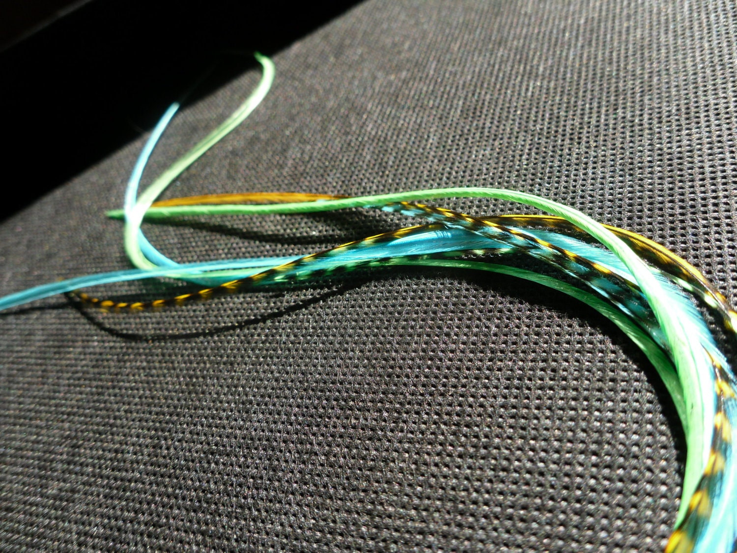 6 Hair Feathers Green Turquoise Golden Grizzly, Beads Kit