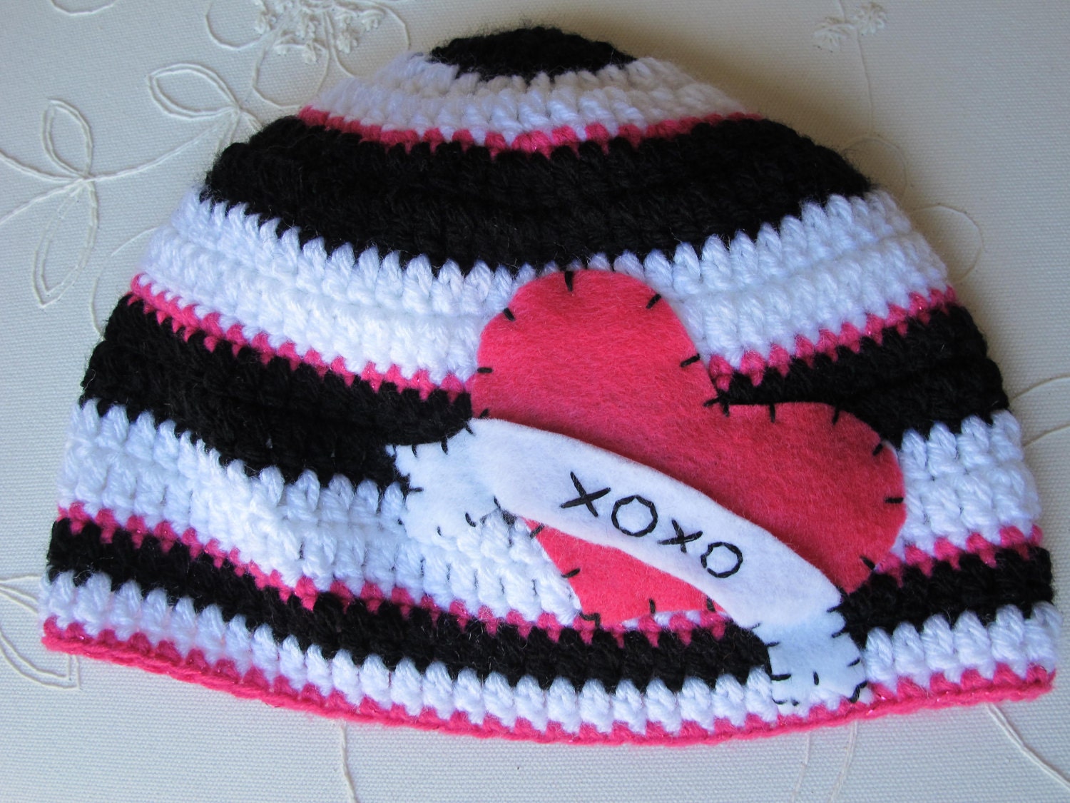 XOXO Felt Appliqué Newborn/Baby Hat sizes Newborn, 0-3, 3-6, & 6-12