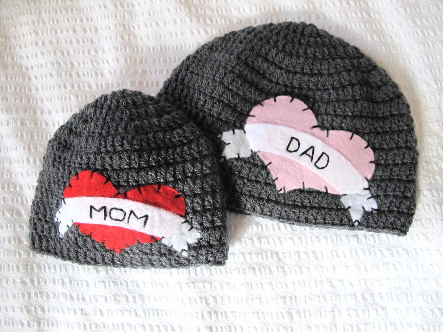 Brother & Sister Matching I Heart Hats With Felt Appliqués - 1 toddler hat and 1 5-10 yr old hat