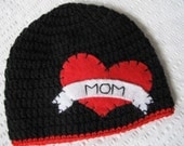 Ready to Ship - Tattoo I Heart Mom Hat in Black with Red Trim and Felt Appliqué  - Boy Hat sizes 5-10yrs old