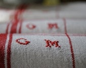 Antique French Linen Towels, Tea Towels, Torchons, monogramed GM, red stripes, 1900s, Cottage Chic, vintage French decor