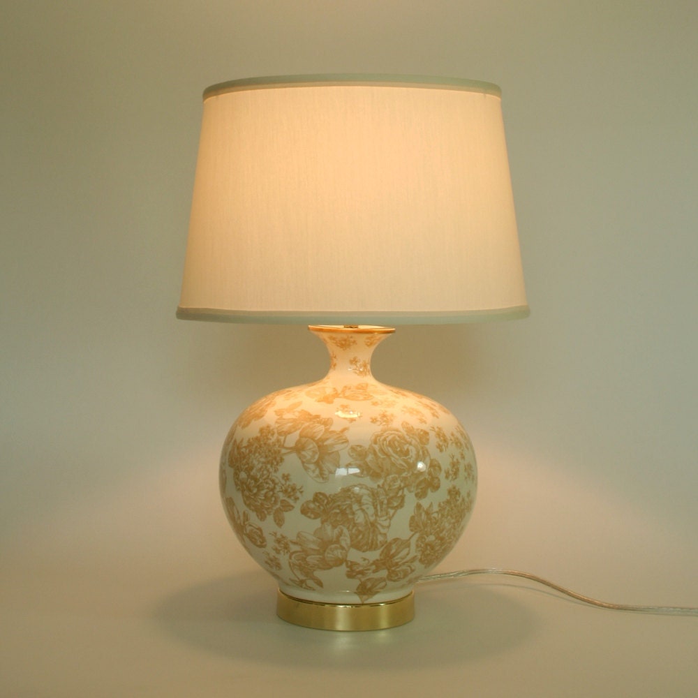 Cream Floral Toile Ceramic Lamp with Ivory Shade