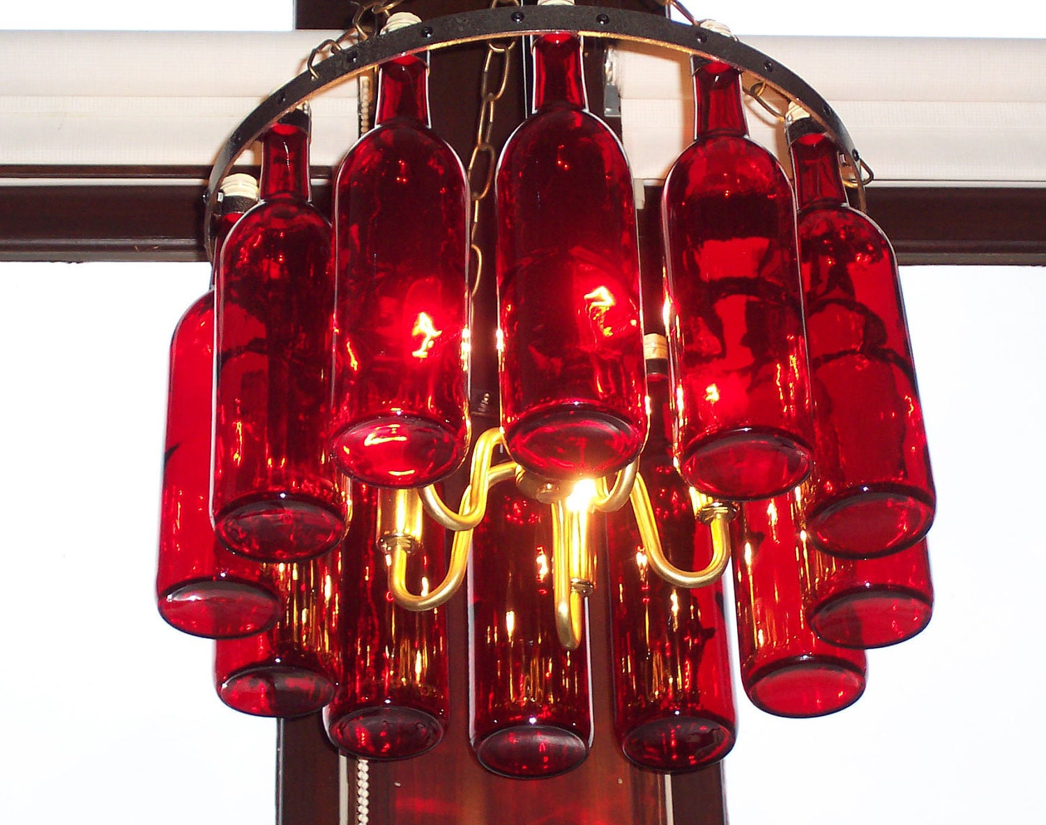 18" Wine Bottle Chandelier Ruby Red with Brass fixture