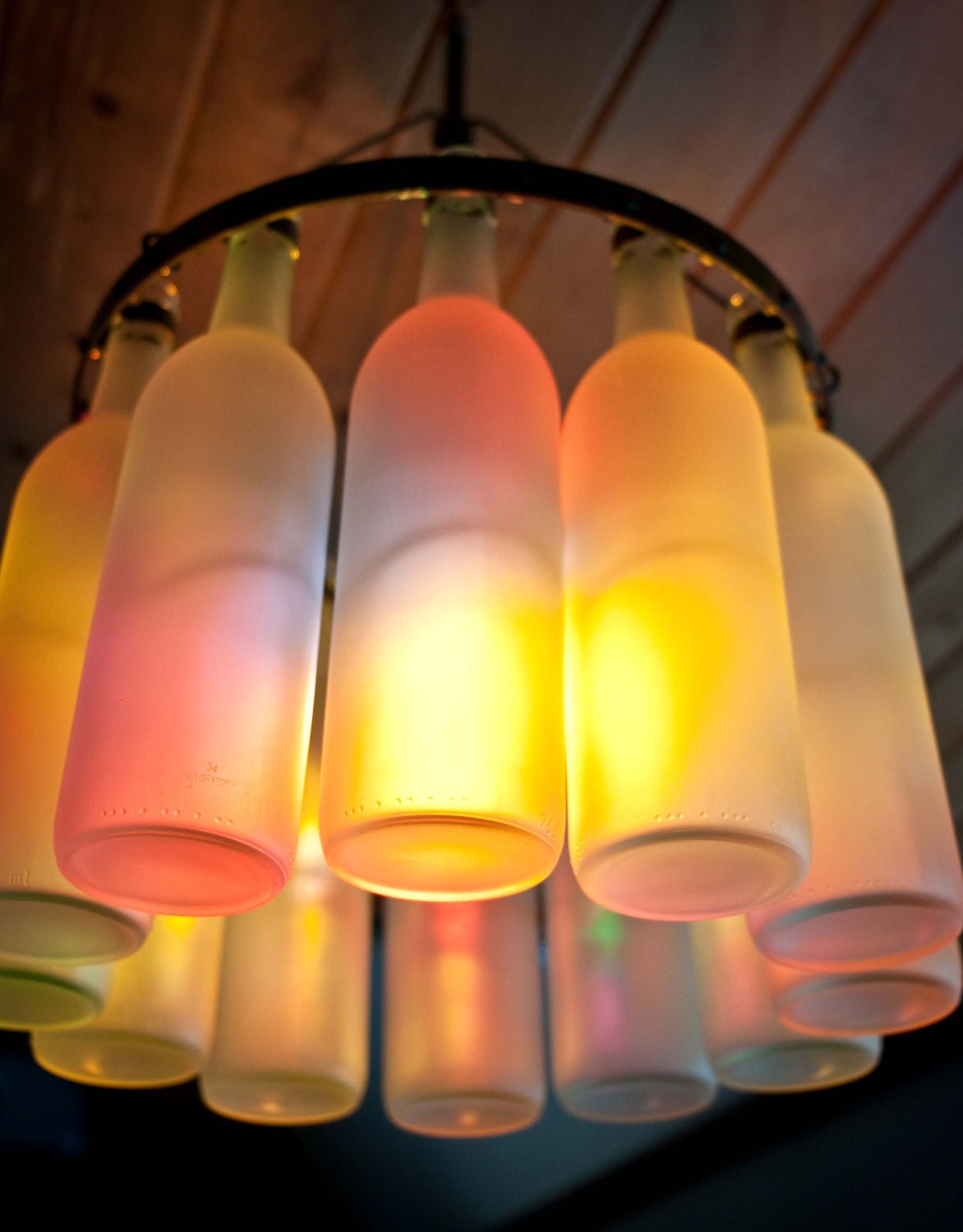 Wine Bottle Chandelier, Black Wrought Iron texture with Frosted Bottles