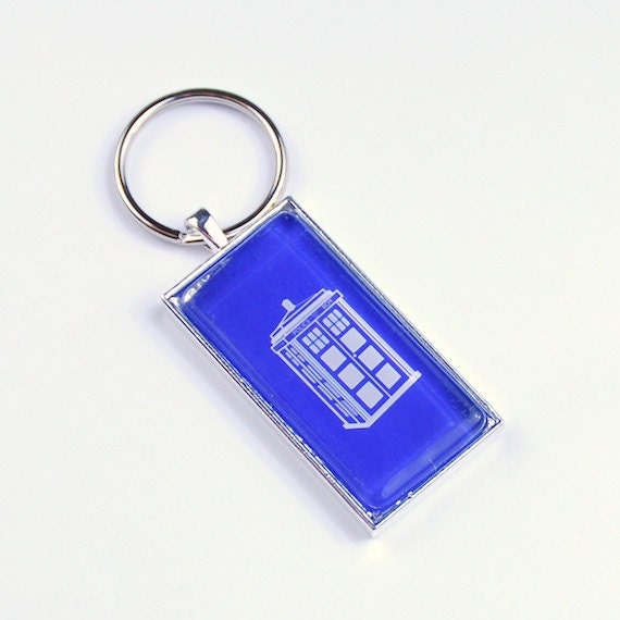Doctor Who Tardis Keychain Blue Tardis White Dr Who Glass Tile police box Silver Plated Key ring chain, Dr Who