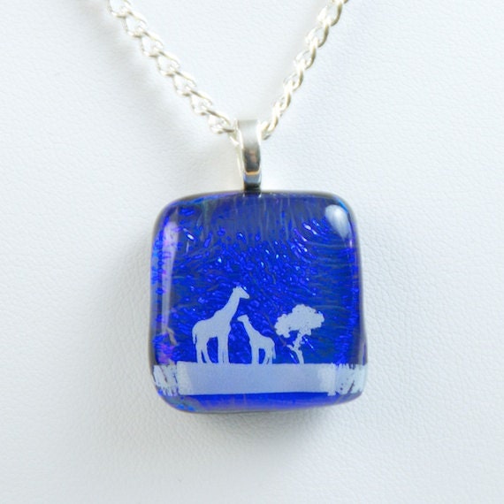 Dichroic Glass Jewelry - Cobalt Blue sapphire glass - giraffe mother child necklace jewelry -  Dichroic Fused glass pendant handmade