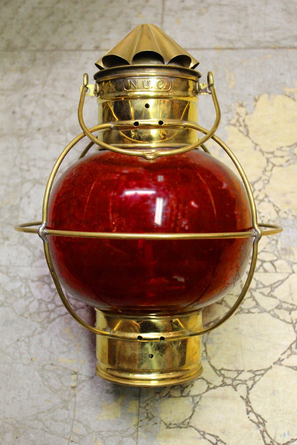 Beach Decor Red Brass Lantern Vintage Nautical Restored by SEASTYLE