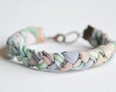 Fabric and suede bracelet. Pastel fabric braided with mint suede. Mint, rose, sky blue colors. Copper findings. Small Size.
