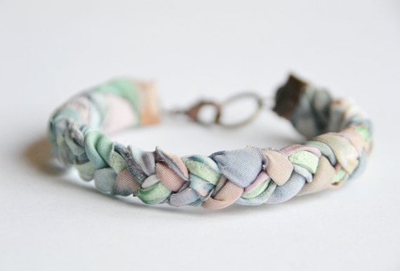 Fabric and suede bracelet. Pastel fabric braided with mint suede. Mint, rose, sky blue colors. Copper findings. Small Size.