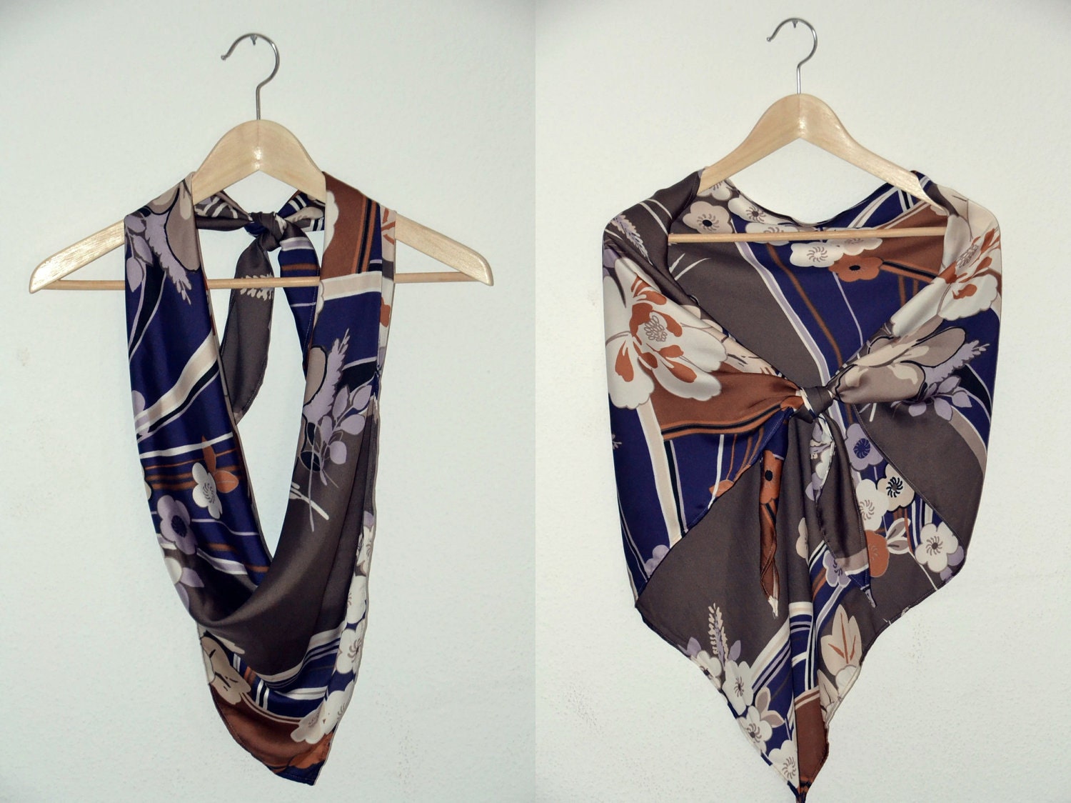 Japanese shawl. Boho Japanese inspired shawl scarf. Purple, creme, brown, rust mod floral print.