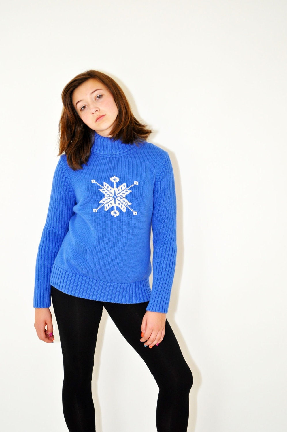 Viintage LANDS END SWEATER  Snowflake Royal Blue 100% Cotton