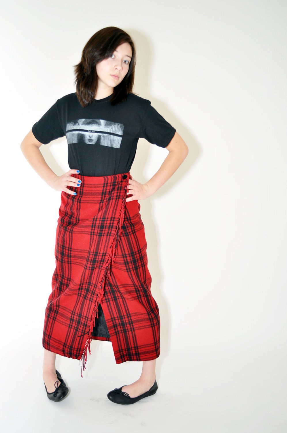 CAMBRIDGE COUNTRY Wool Blend Blanket Wrap Red Plaid Skirt
