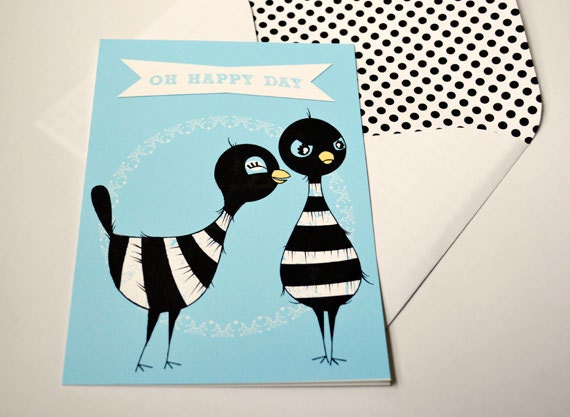 paper handmade greeting cards Whimsical Card Birds Magpies Turquoise Blue