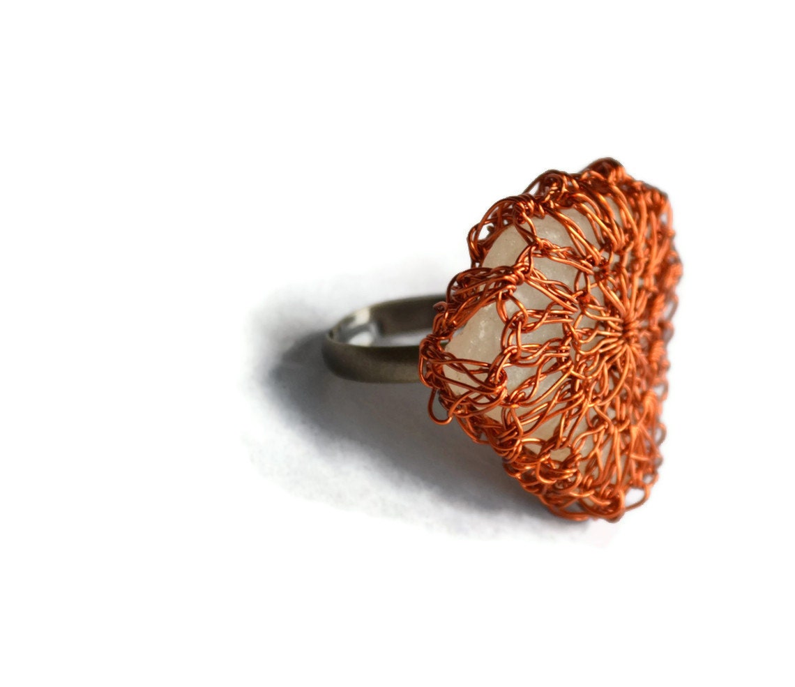 Hand Crochet Wire Amber and Frosty Beach Glass Adjustable Ring by PrayerMonkey - PrayerMonkey