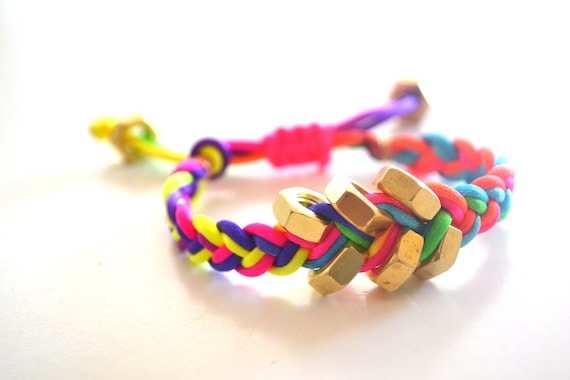 Rainbow Steampunk Hex Nut Neon Pink Gold Braided Bracelet Pull Tie