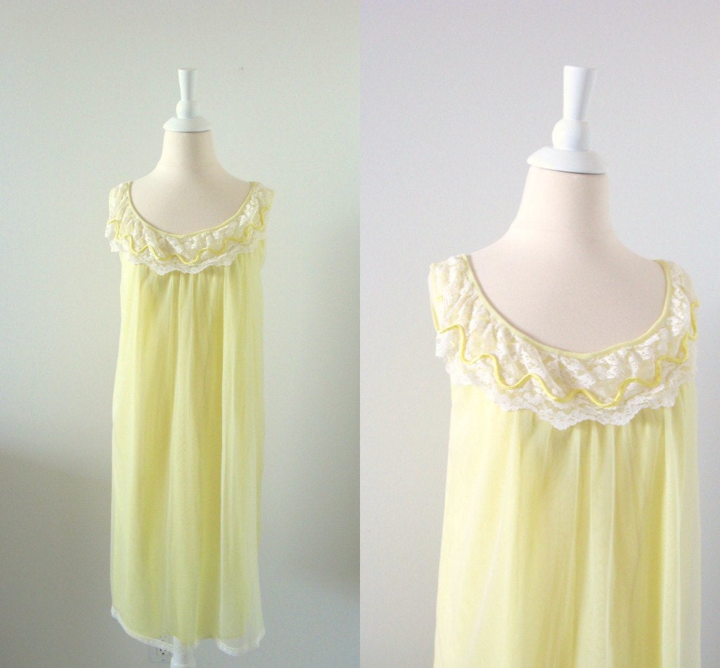 Vintage Chiffon Nightgown - 1960s Lemon Yellow - Small Medium