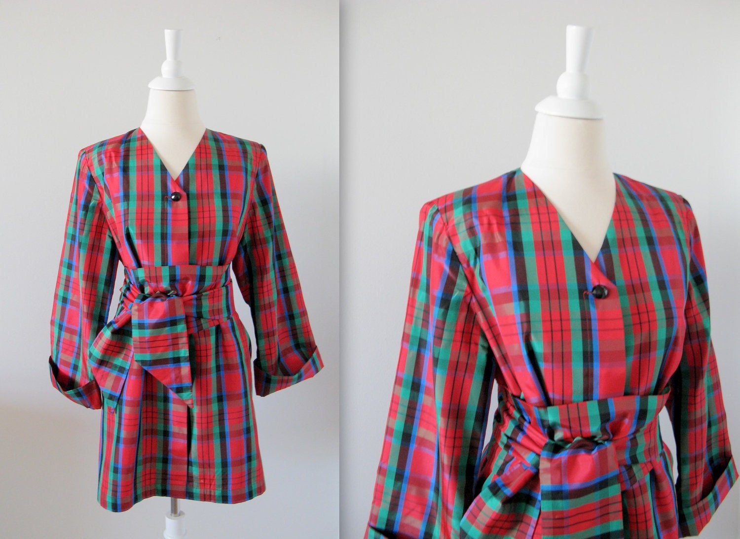 Vintage 1980s Plaid Taffeta Jacket w/ Obi Sash - Large x Large