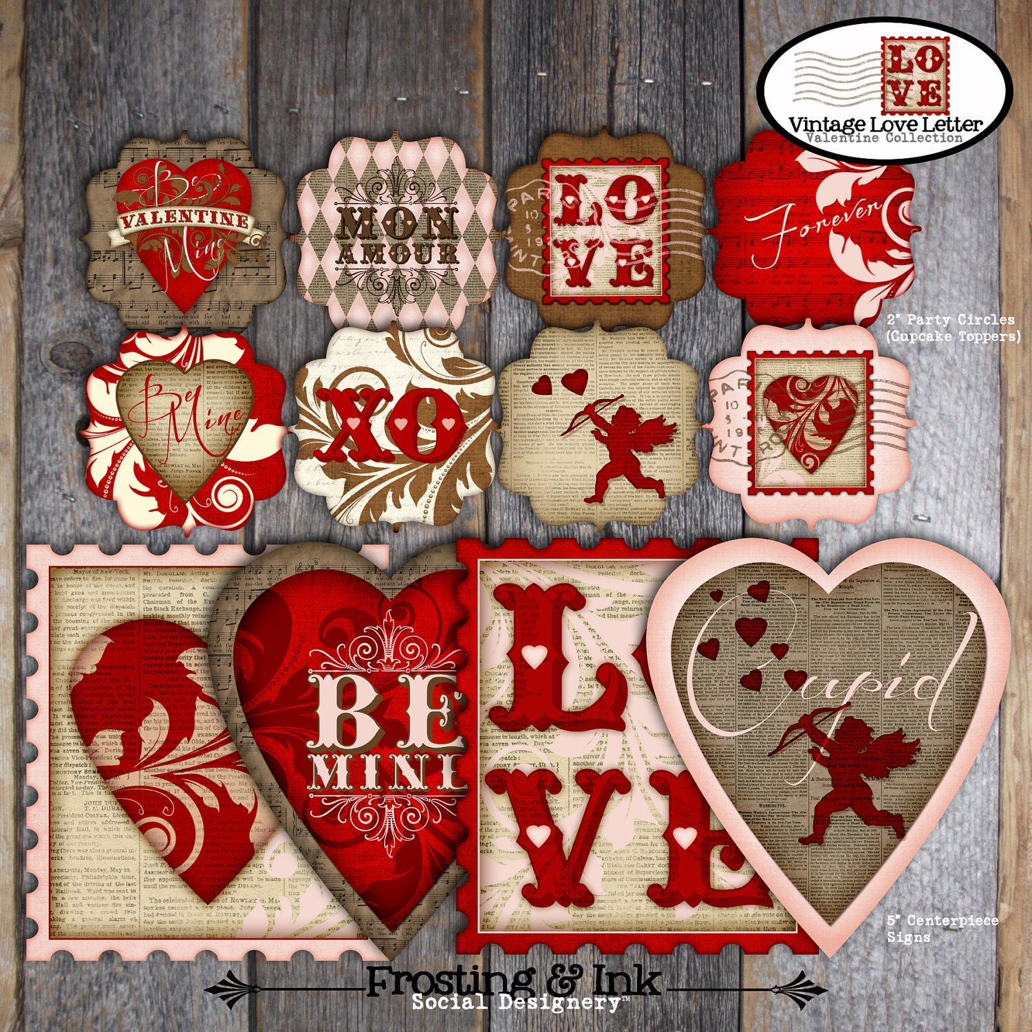Valentine's Day Party - Complete Collection - Toppers, Bunting Banner, Favor Tags & More - Customized Printable (Vintage Inspired)