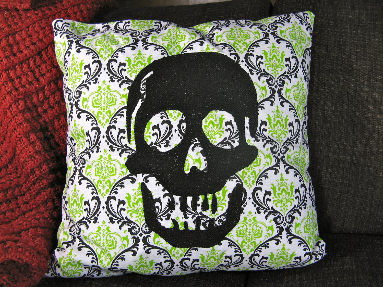 Decorative Pillow Cover, Black and Lime green, Black Embroidered Skull, 16 x 16 inch
