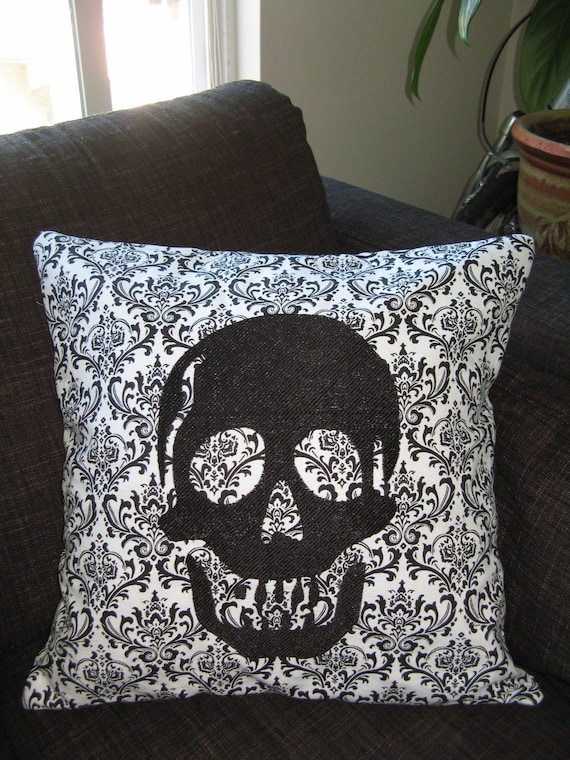 Decorative Skull Pillow Cover, Black Embroidered Skull, 16 x 16 inch