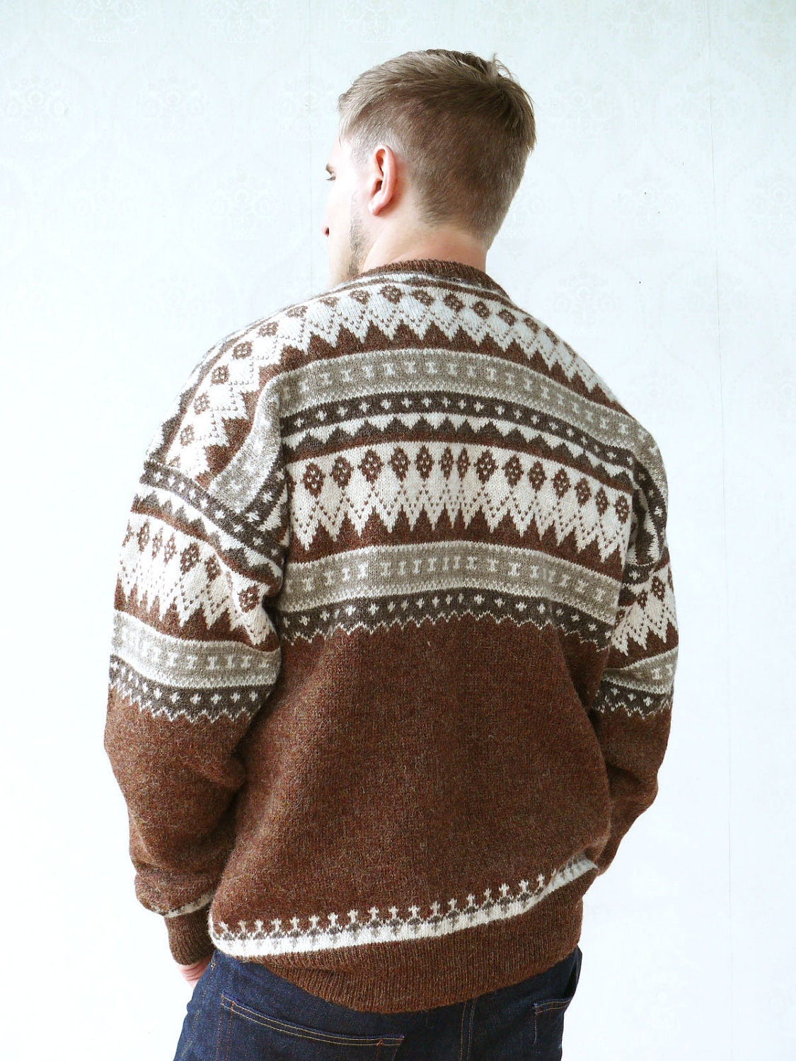 Vintage Men's knitted retro patterned sweater, Large - Browns and creams . . . . . . . . . . "Like" our fb page for 10% discount