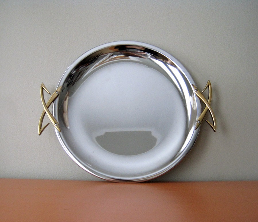 Atomic Chrome Round Serving Tray, Bar Tray, Gold Handles
