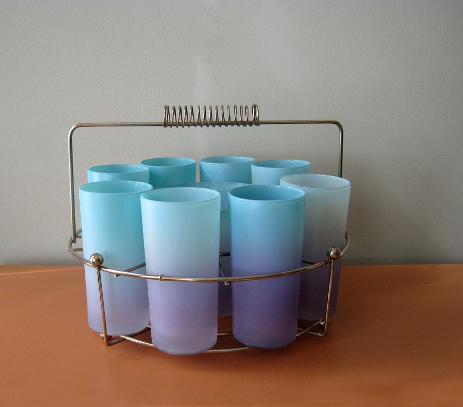 Vintage Blue and Purple Blendo Glasses and Ice Bucket Set with Caddy, Set of Eight