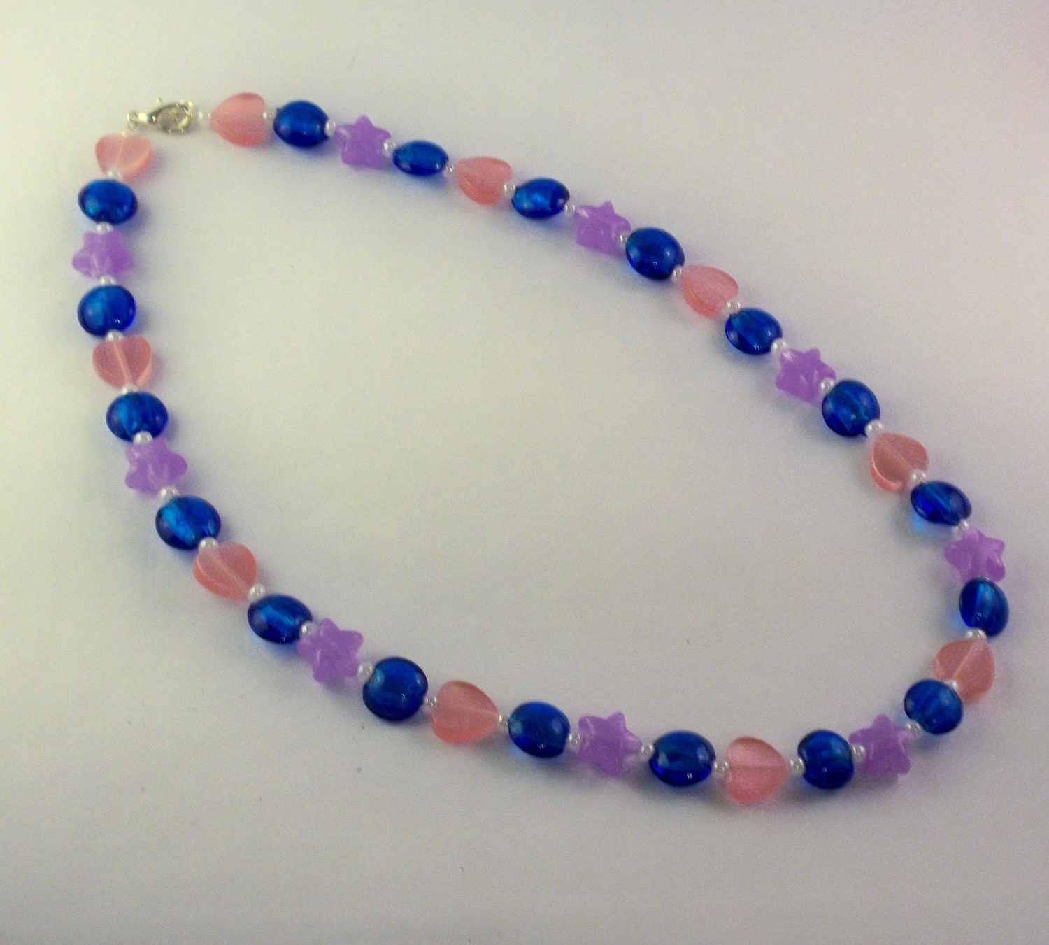 Pink, Blue, and Lavender Multishaped Beaded Necklace - Hearts, Stars, and Circles