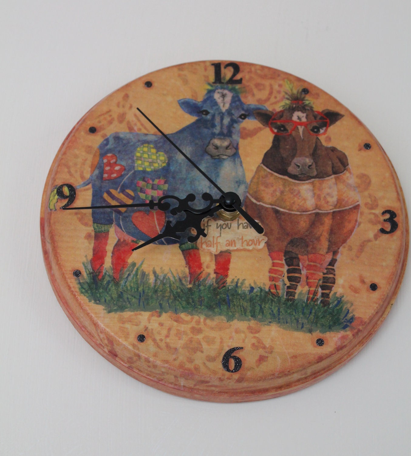 Decoupaged Round Wall Clock Funky Zen Cows
